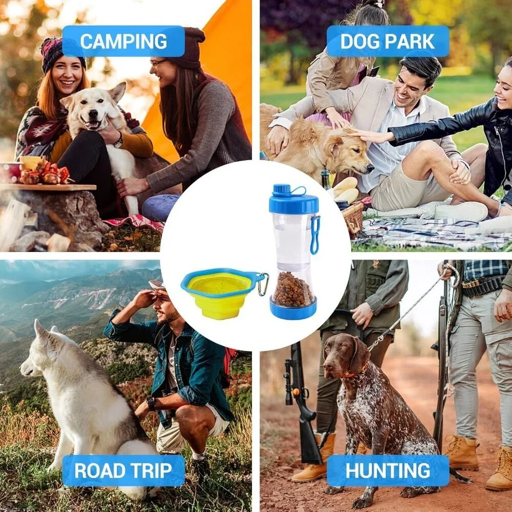 Dog Water Bottle with Food Container • 13.5 oz • Leakproof Travel Dispenser Blue